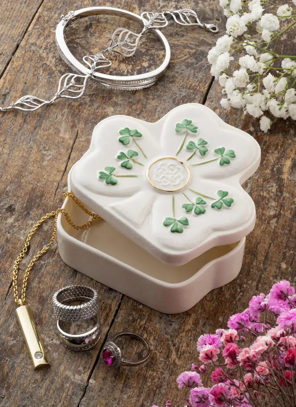Belleek Hand Painted Shamrock Shape Trinket Box Made in Ireland
